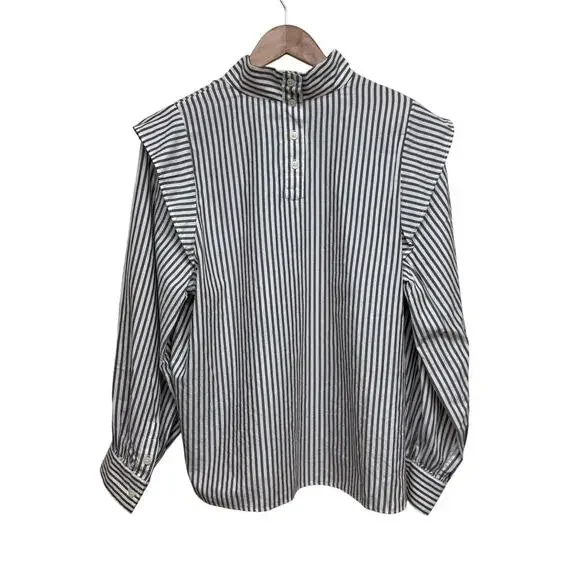 Everlane NWT Brown White Striped Mock Neck Cotton Blouse Size 12 - Picture 2 of 7